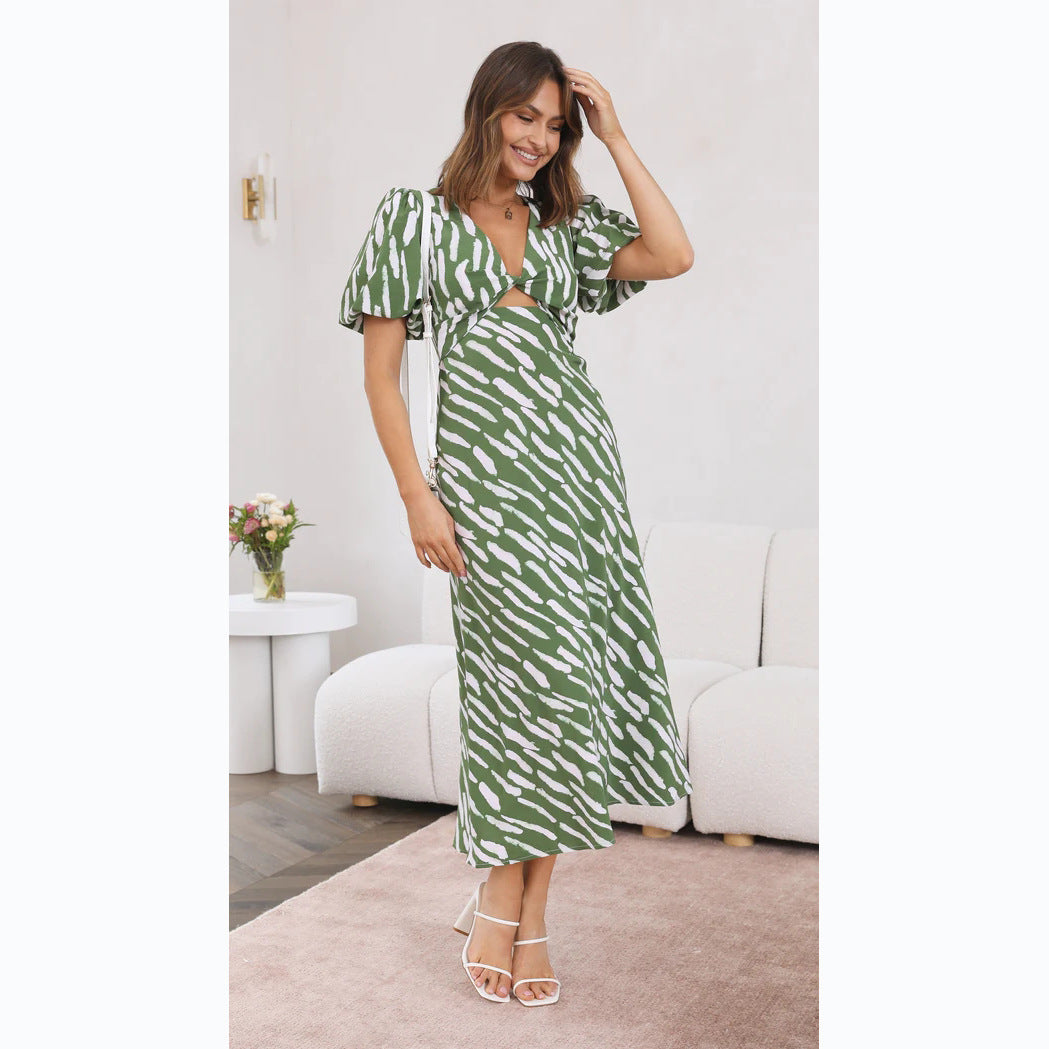 Abito Midi con Stampa Grafica | Maniche a Sbuffo & Nodo Frontale | Summer Chic