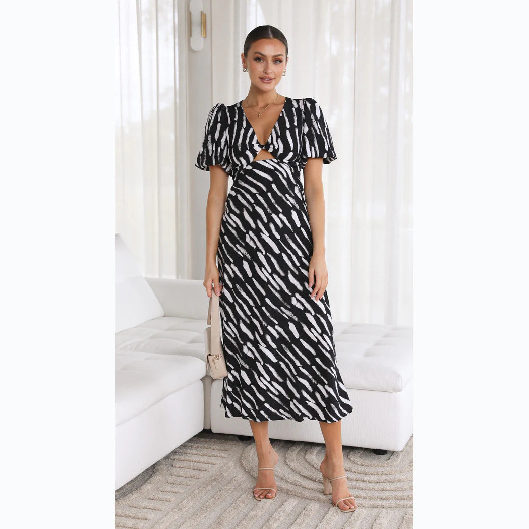 Abito Midi con Stampa Grafica | Maniche a Sbuffo & Nodo Frontale | Summer Chic