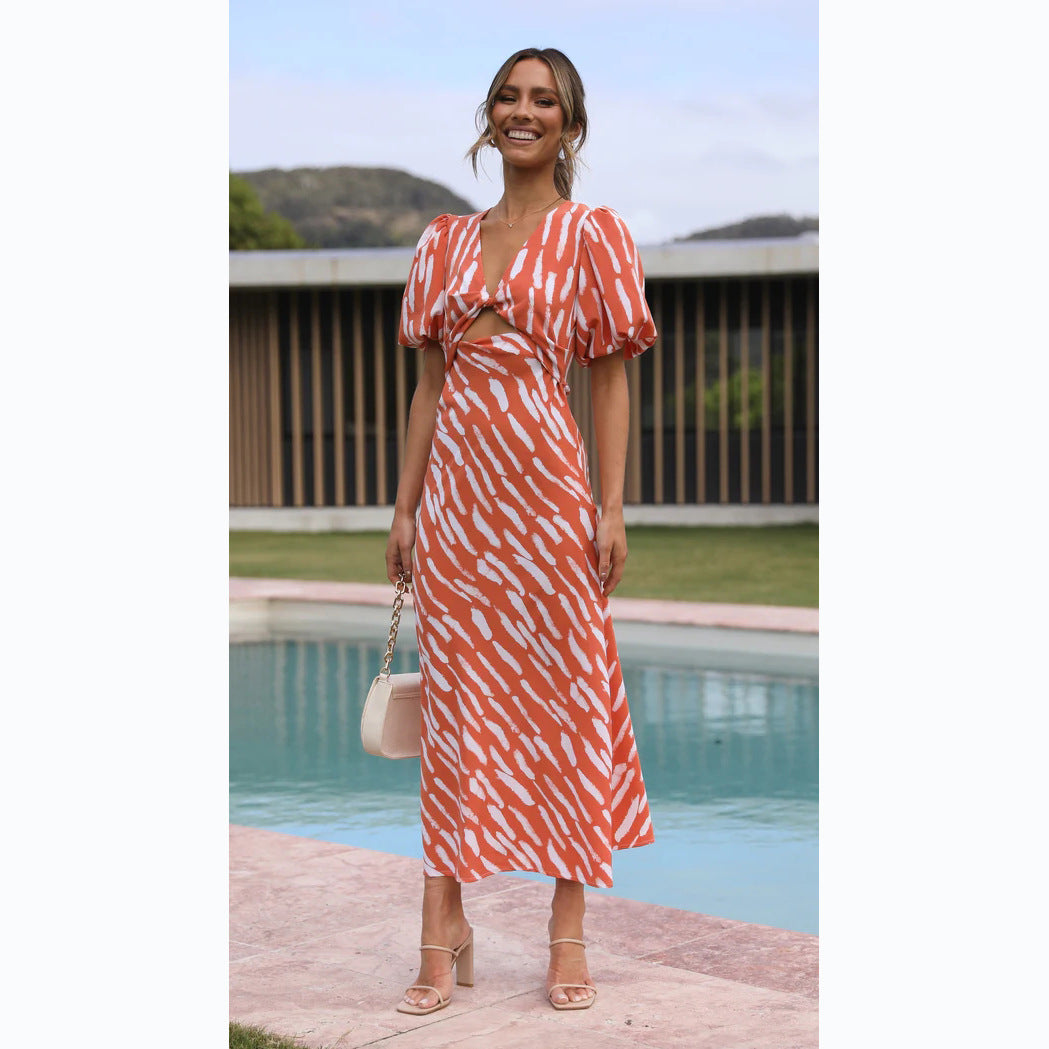Abito Midi con Stampa Grafica | Maniche a Sbuffo & Nodo Frontale | Summer Chic