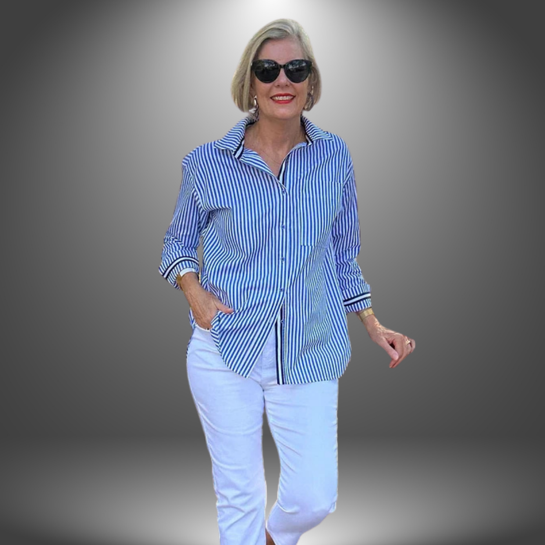 Camicia Lunga a Righe con Dettagli a Contrasto