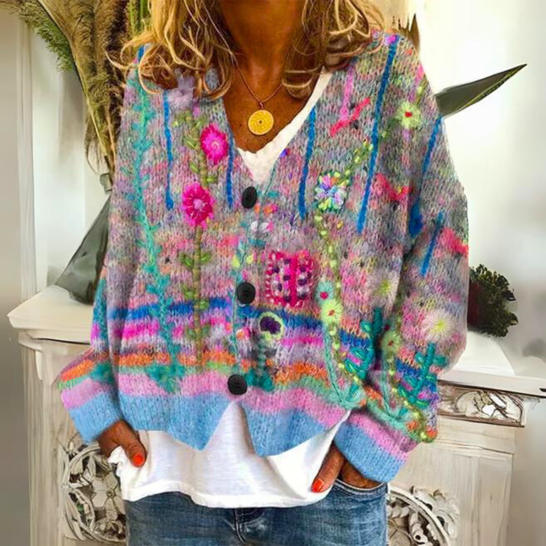Cardigan floreale a maglia