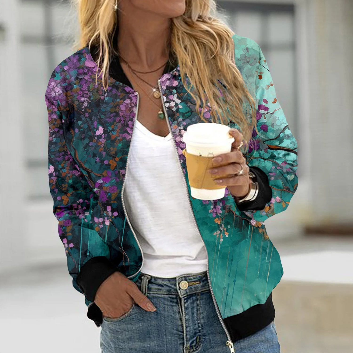 Giacca Bomber Donna | Poliestere Leggero | Stampa Floreale Colorata