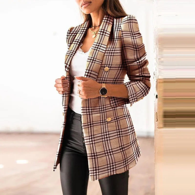 Blazer Lungo a Quadri | Poliestere | Stile Doppiopetto con Bottoni Oro