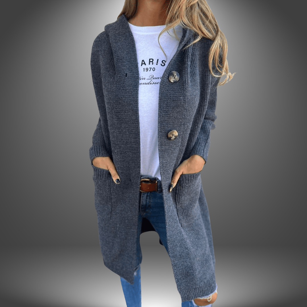 Cardigan Lungo con Cappuccio e Bottoni