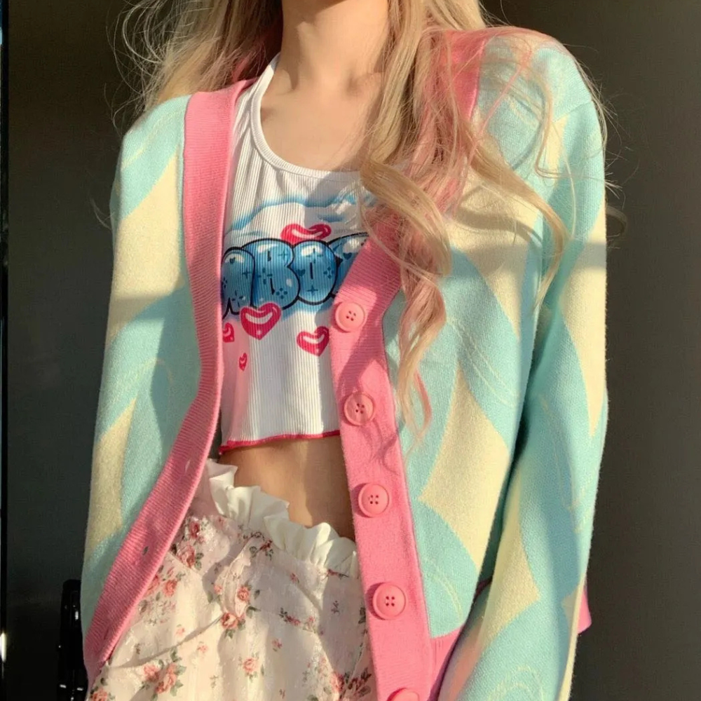 Cardigan Oversize | Rombi Pastello | Stile Kawaii e Trendy