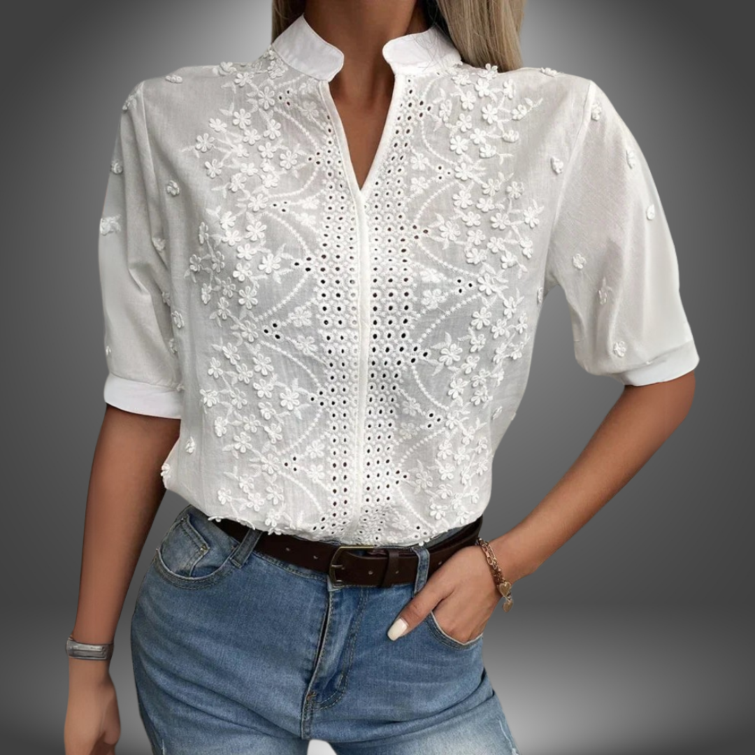 Camicia ricamata in cotone con collo alla coreana