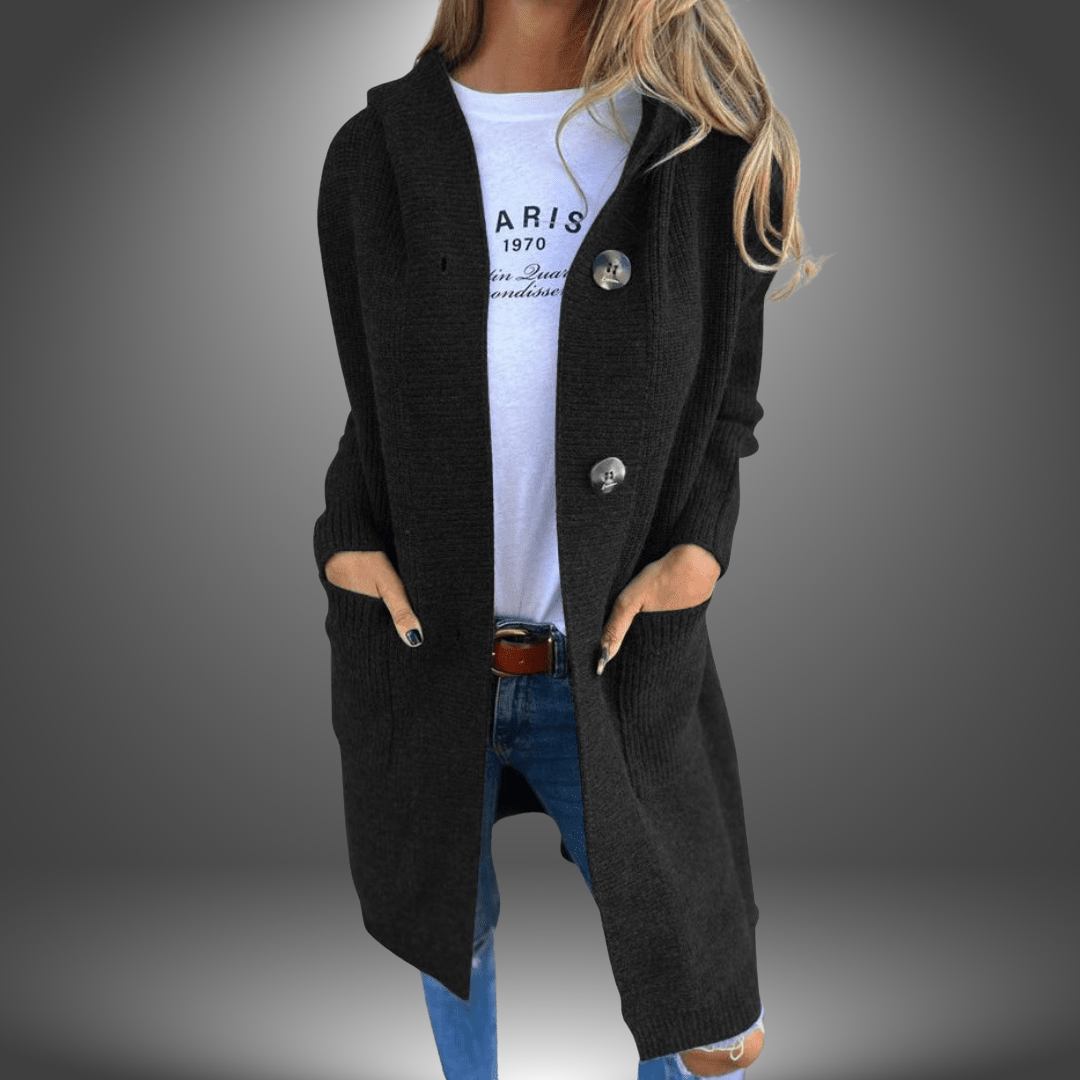 Cardigan Lungo con Cappuccio e Bottoni