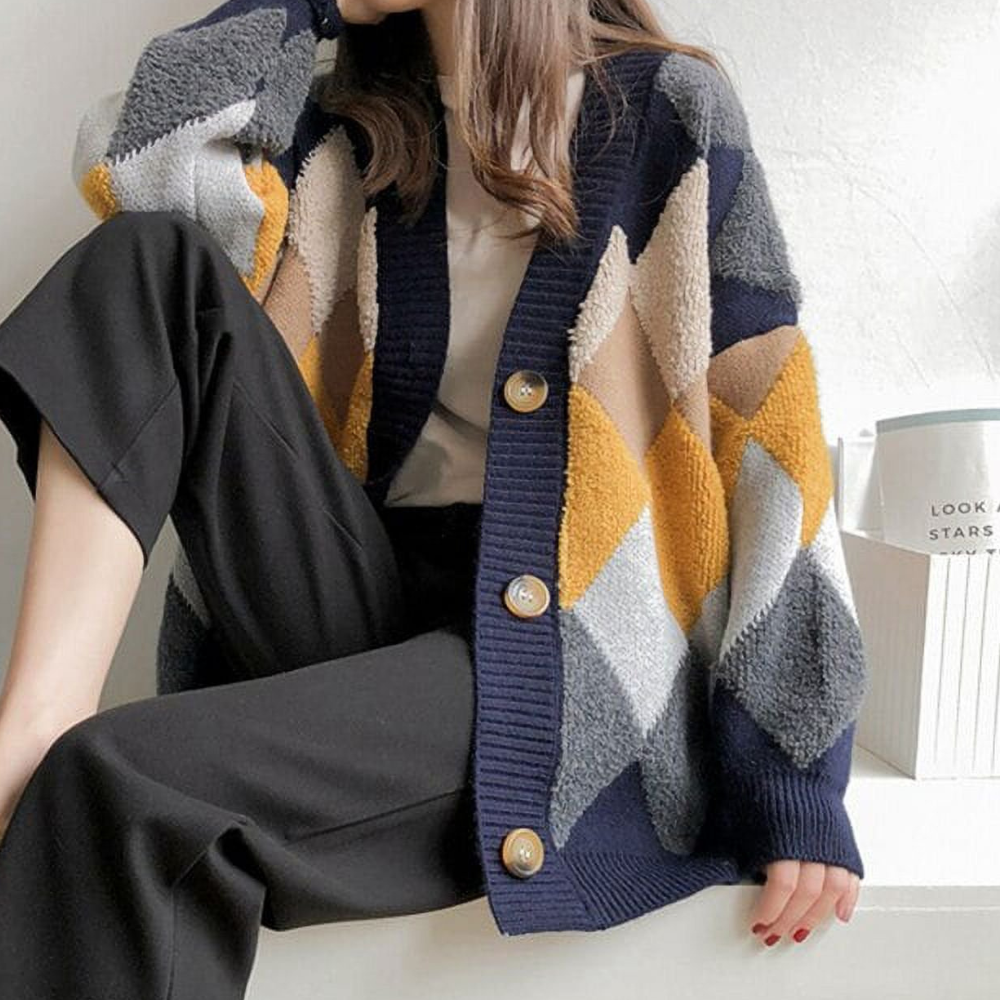 Cardigan Oversize Donna | Maglia a Rombi | Stile Casual e Caldo