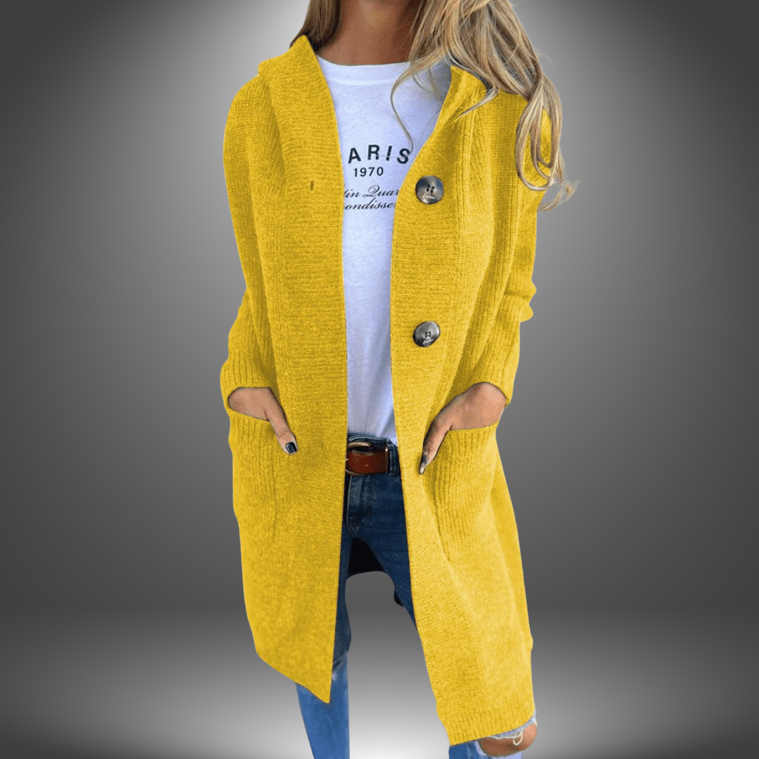 Cardigan Lungo con Cappuccio e Bottoni