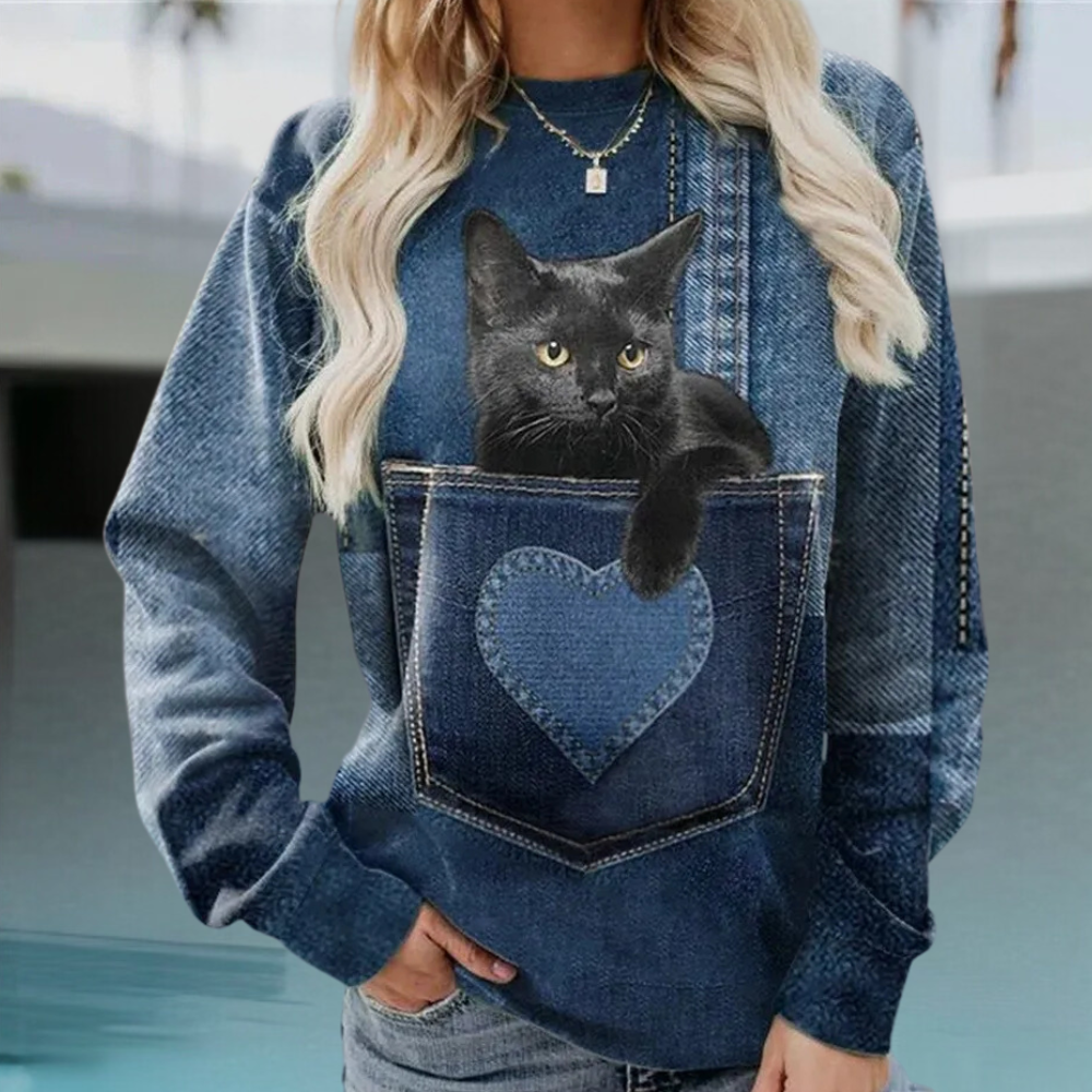 Felpa Gatto Denim | Stampa 3D | Casual e Originale