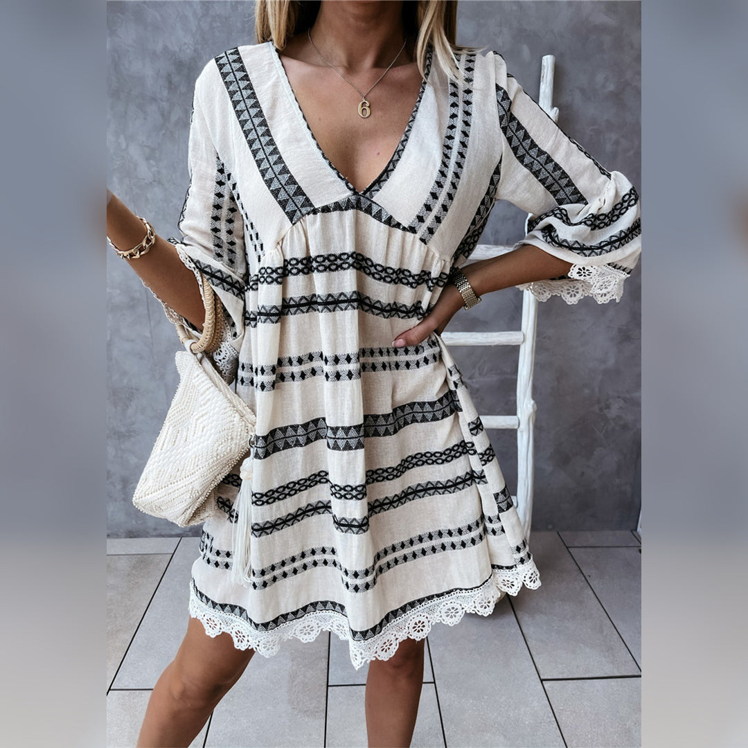 Boho Mini Dress | Striped & Lace Detail | Lightweight & Flowy