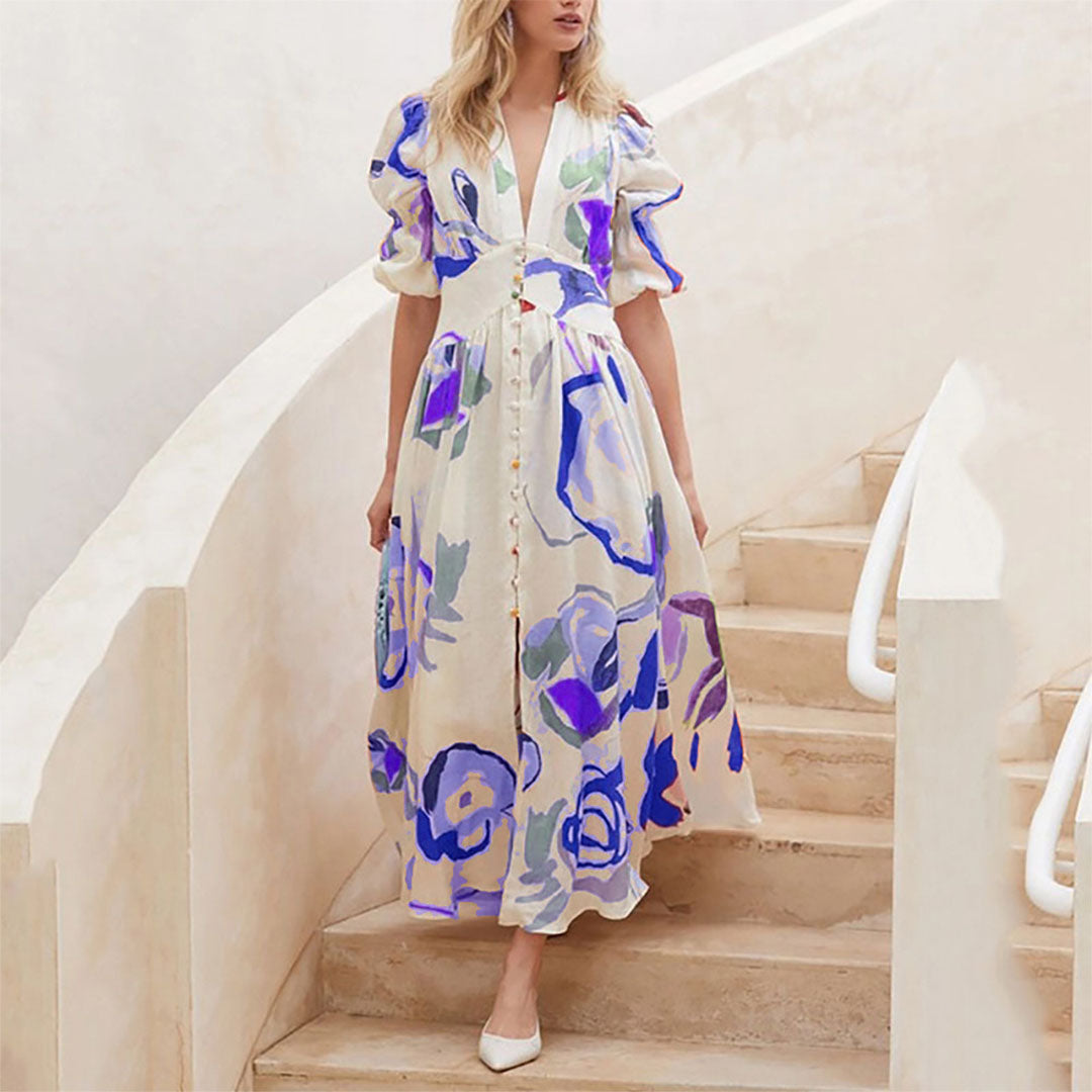 Abito Lungo Floreale | Maniche a Volant | Elegante e Femminile
