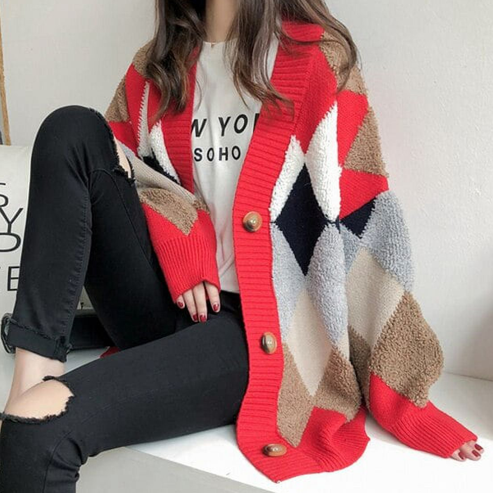 Cardigan Oversize Donna | Maglia a Rombi | Stile Casual e Caldo