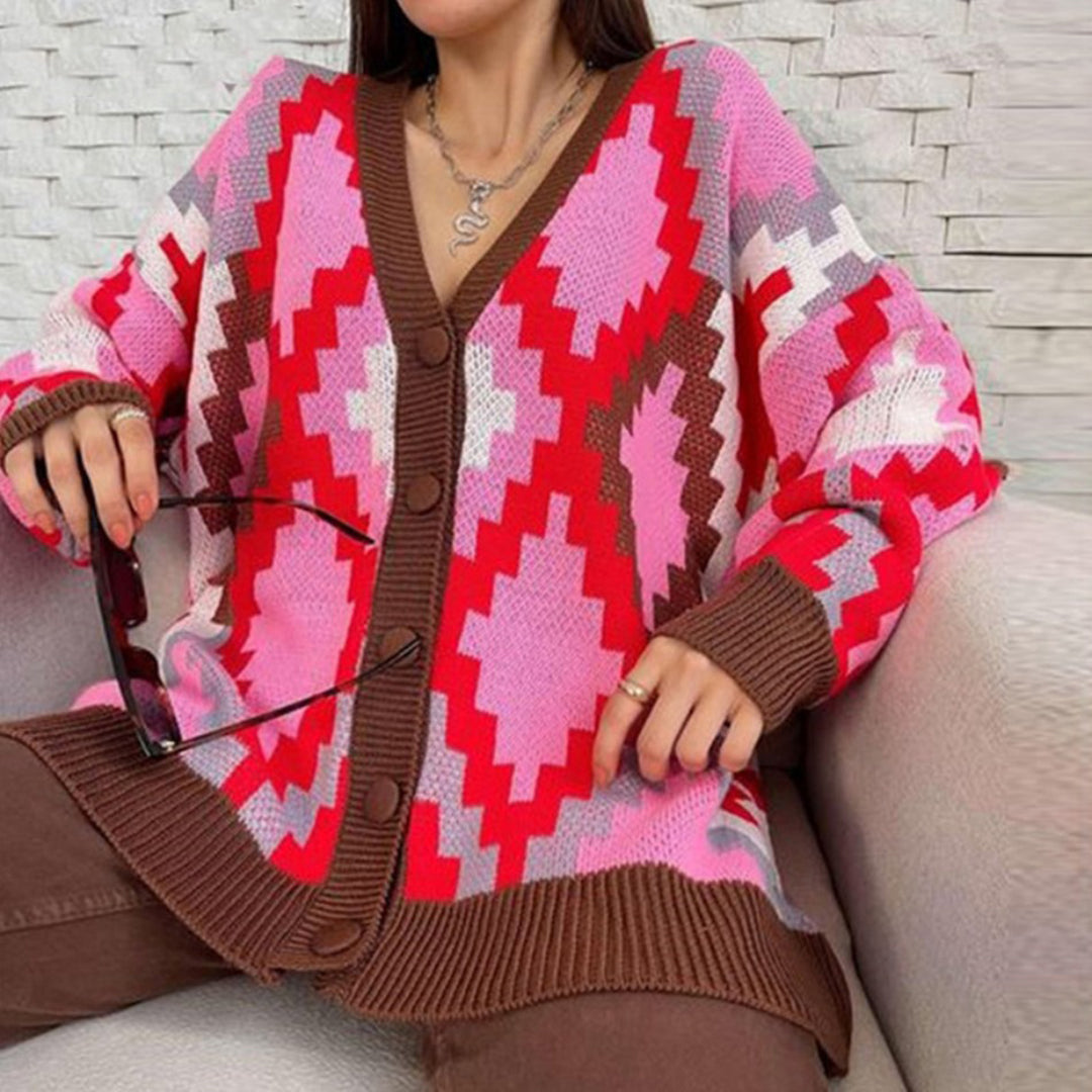 Cardigan Oversize Donna | Motivo Geometrico | Colorato e Morbido