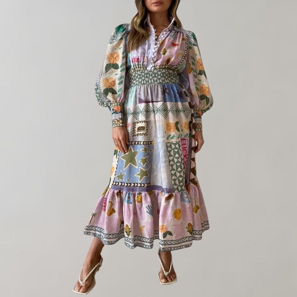 Abito Midi Boho | Stampa Patchwork | Elegante & Flowy