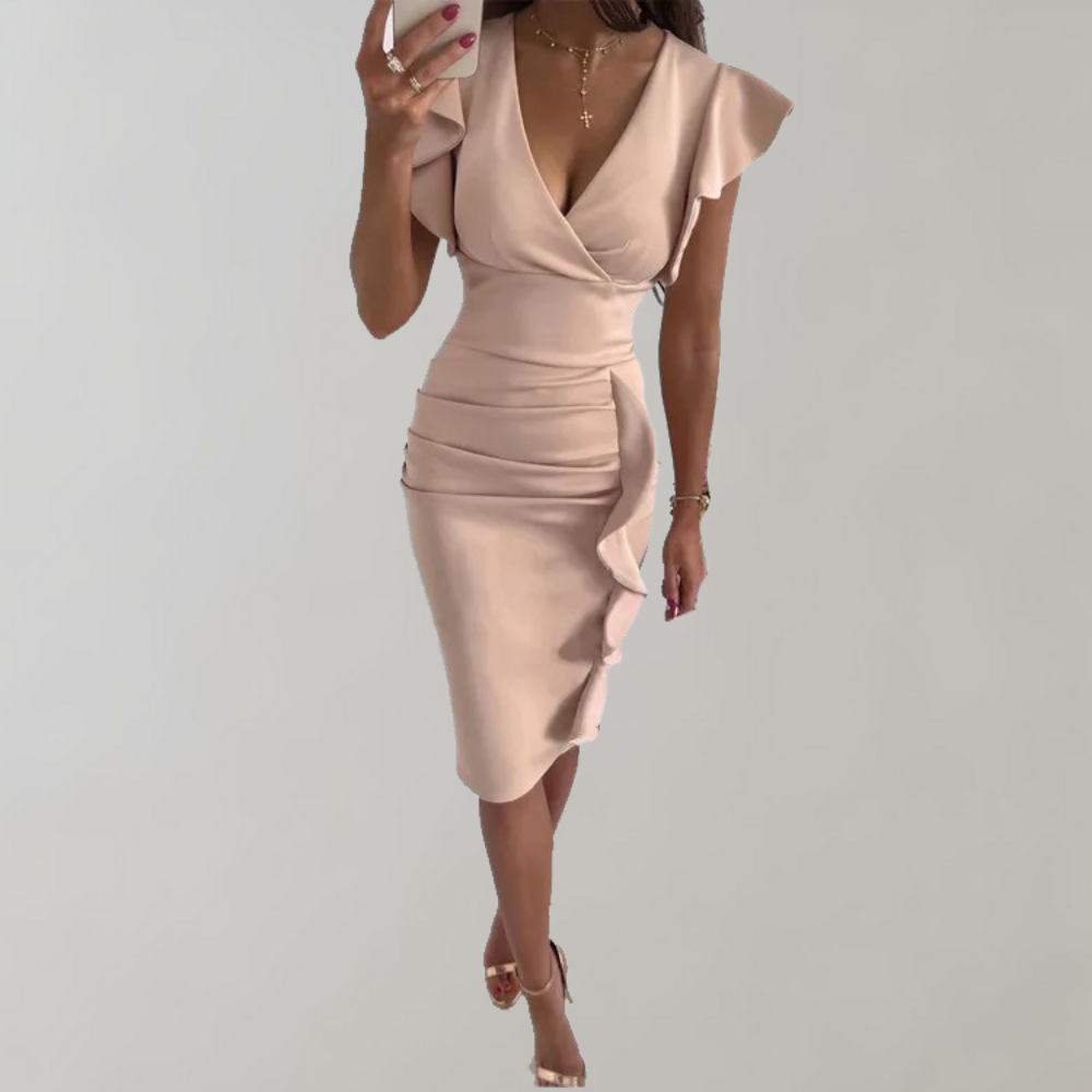 Abito Midi Elegante | Scollo a V e Volant | Look Raffinato e Femminile