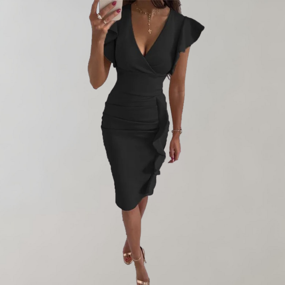 Abito Midi Elegante | Scollo a V e Volant | Look Raffinato e Femminile