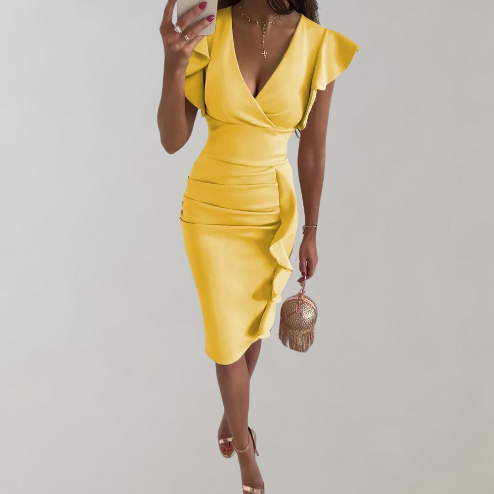 Abito Midi Elegante | Scollo a V e Volant | Look Raffinato e Femminile