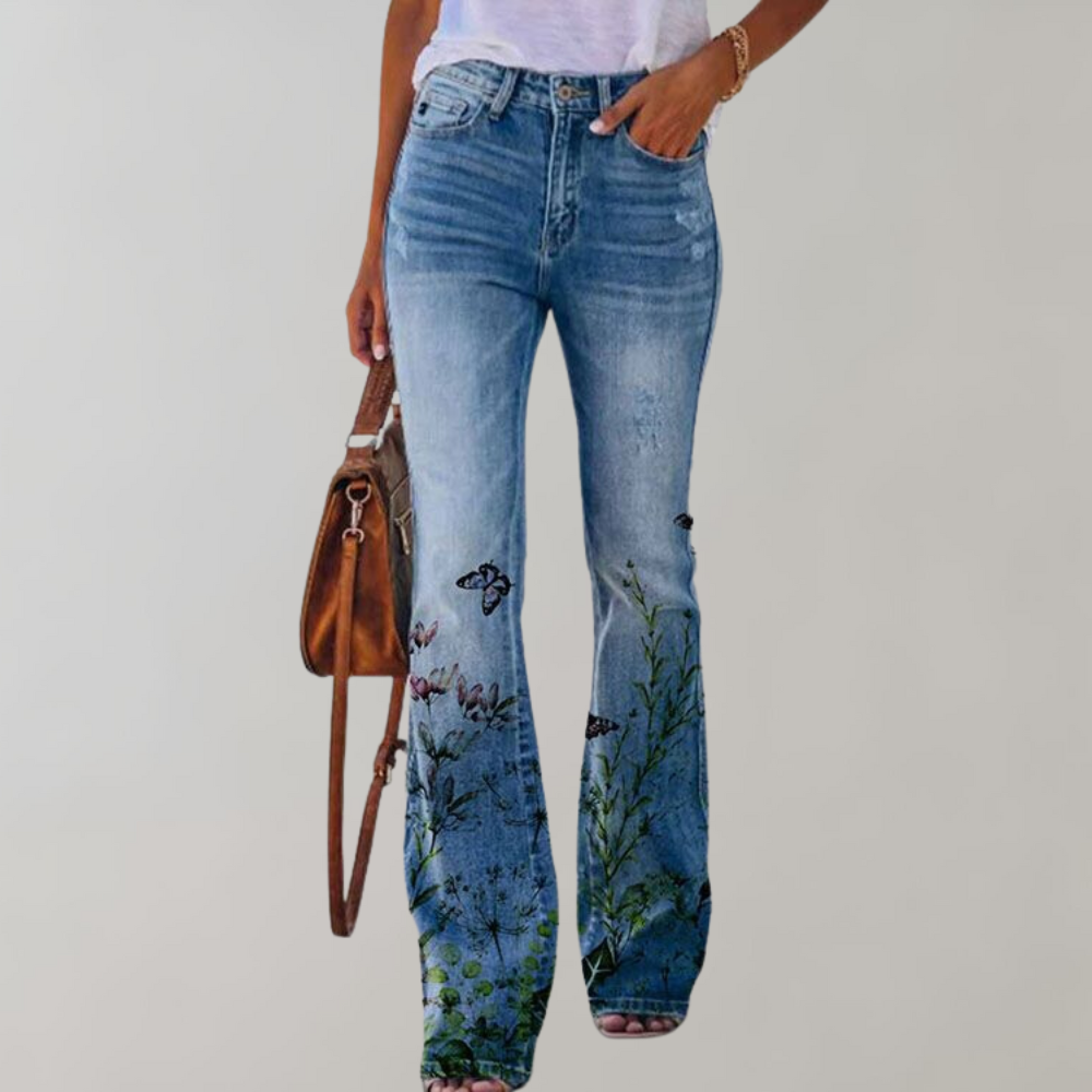 Jeans a Zampa con Ricami Floreali | Blu | Denim | Perfetti per Uscite Casual