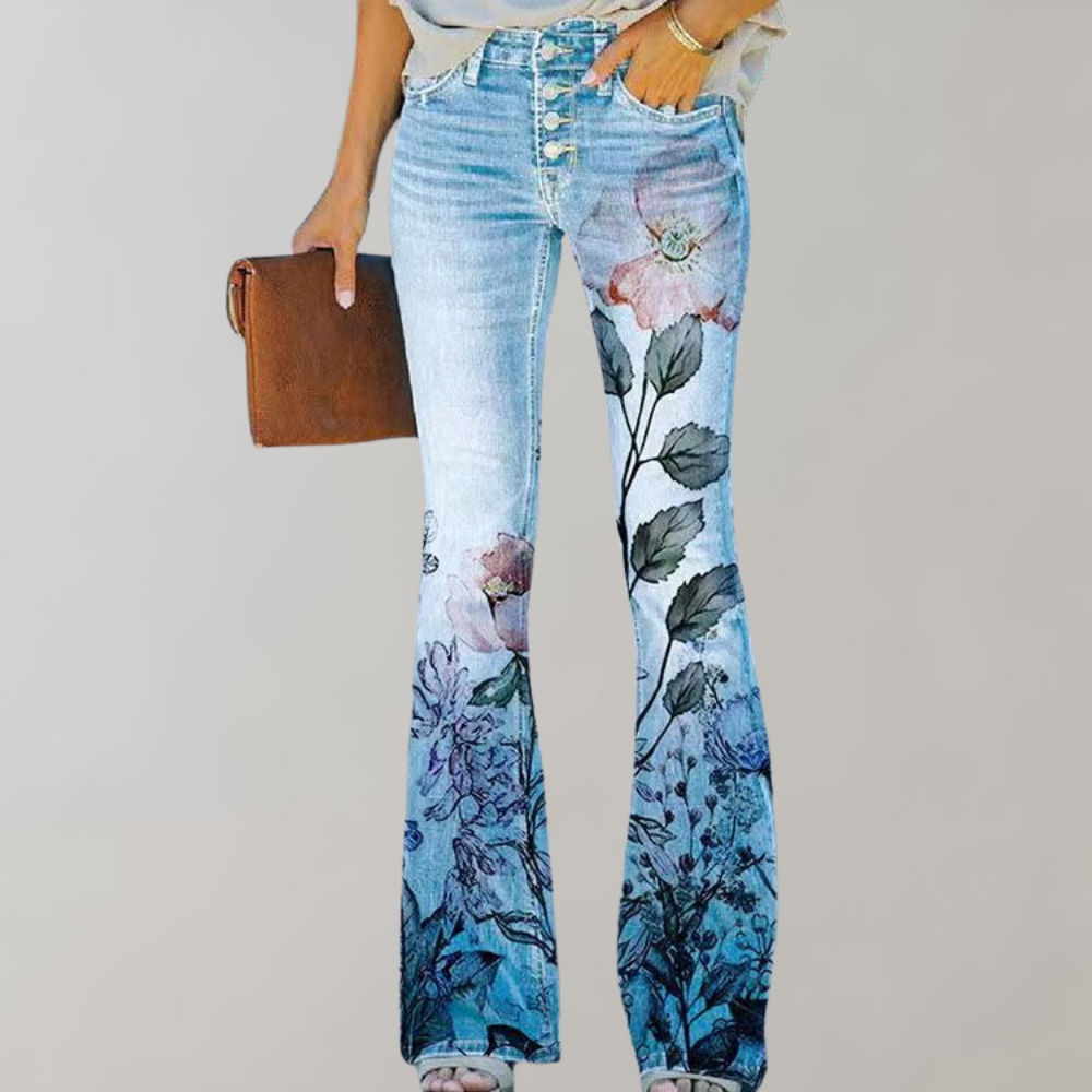 Jeans a Zampa con Ricami Floreali | Blu | Denim | Perfetti per Uscite Casual