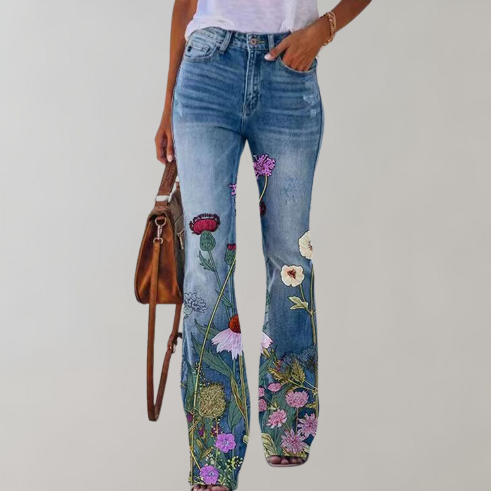 Jeans a Zampa con Ricami Floreali | Blu | Denim | Perfetti per Uscite Casual