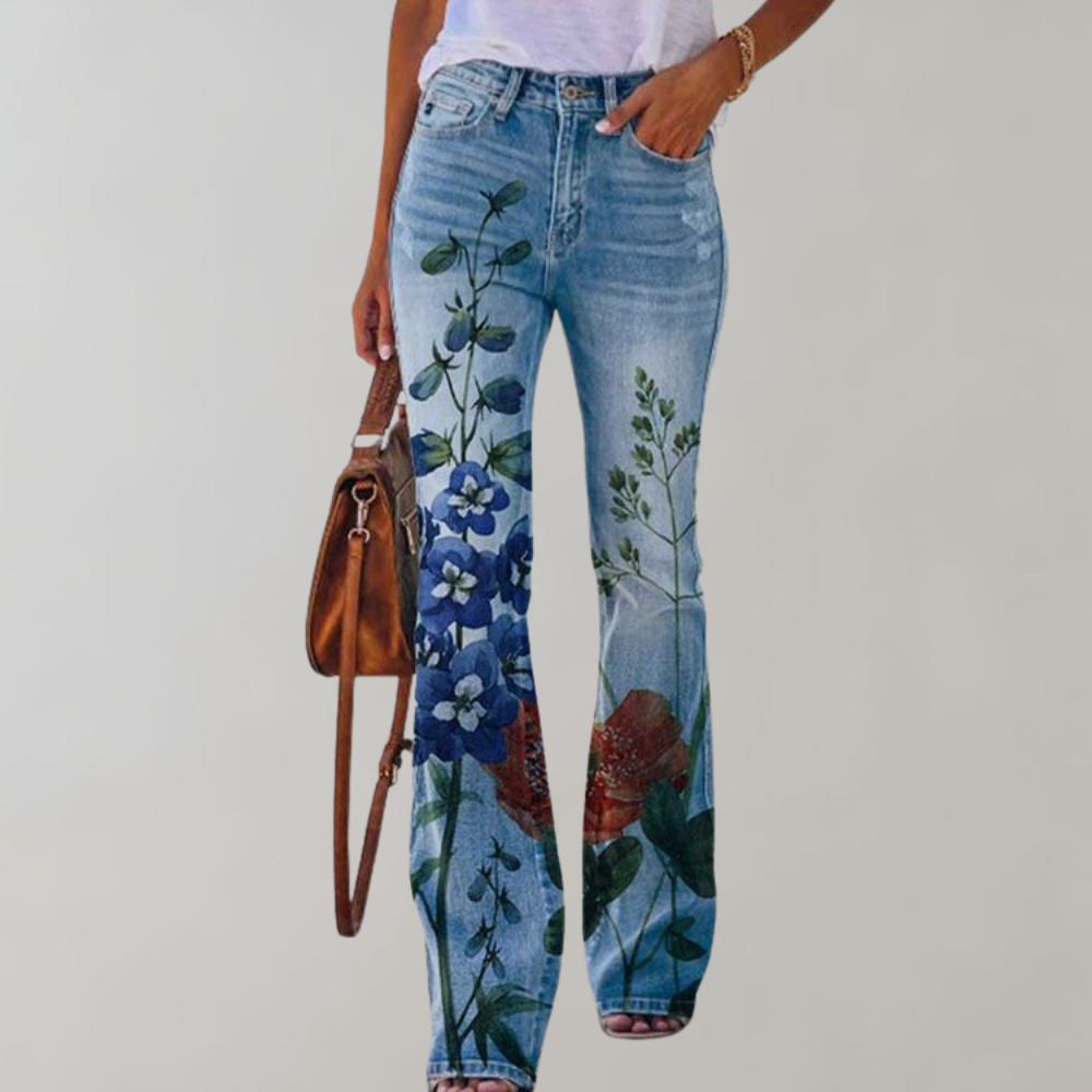 Jeans a Zampa con Ricami Floreali | Blu | Denim | Perfetti per Uscite Casual