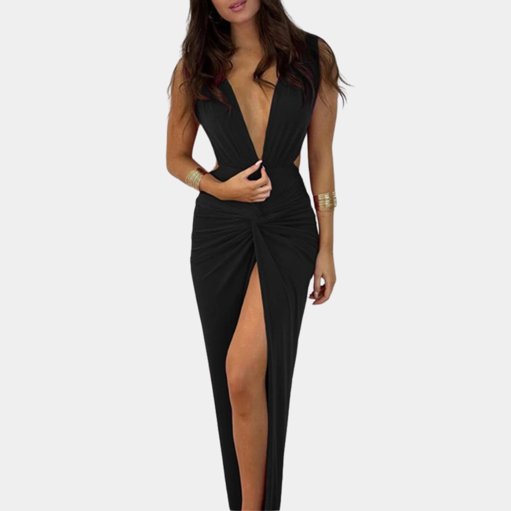 Abito Lungo Elegante | Scollo Profondo e Spacco | Look Sensuale e Raffinato