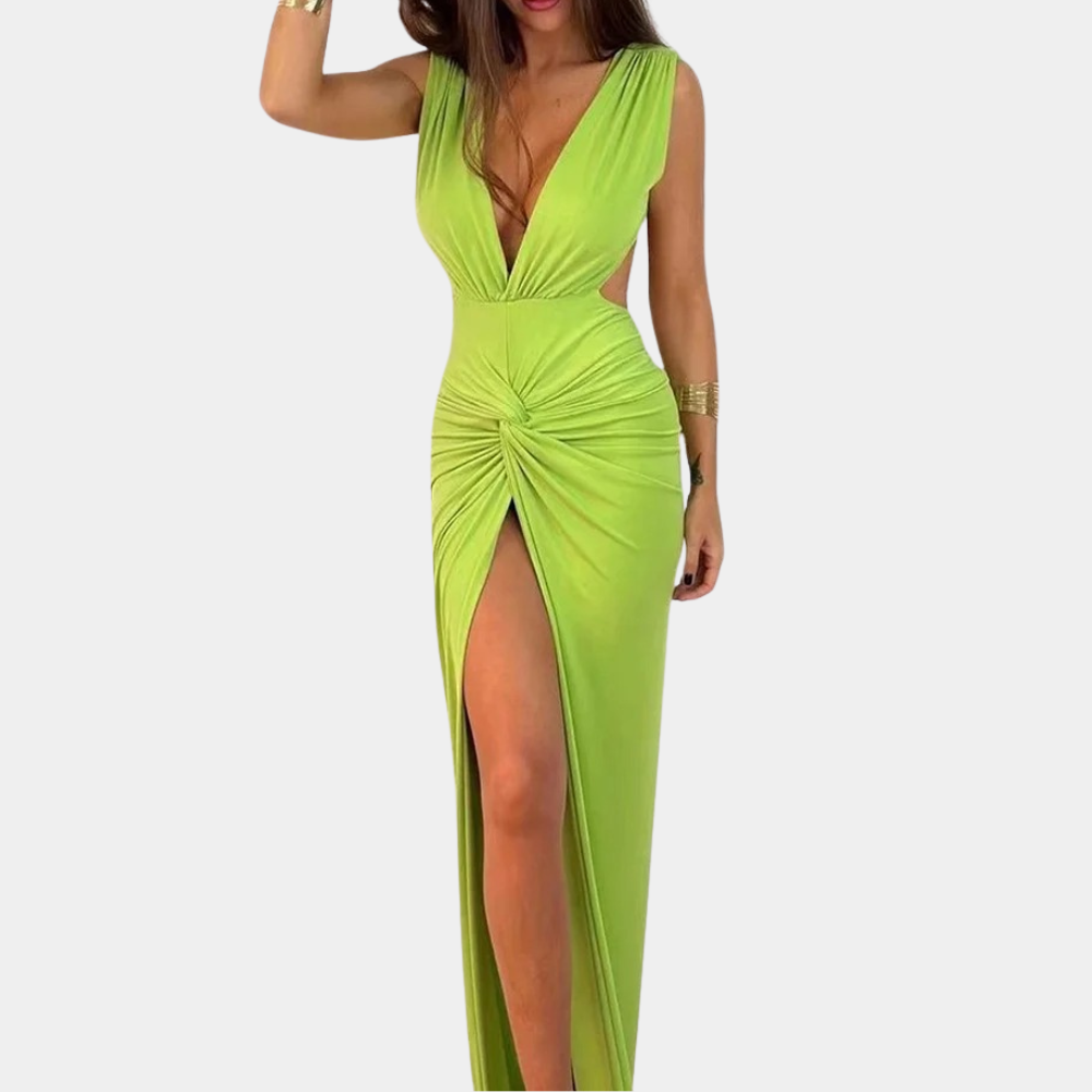 Abito Lungo Elegante | Scollo Profondo e Spacco | Look Sensuale e Raffinato