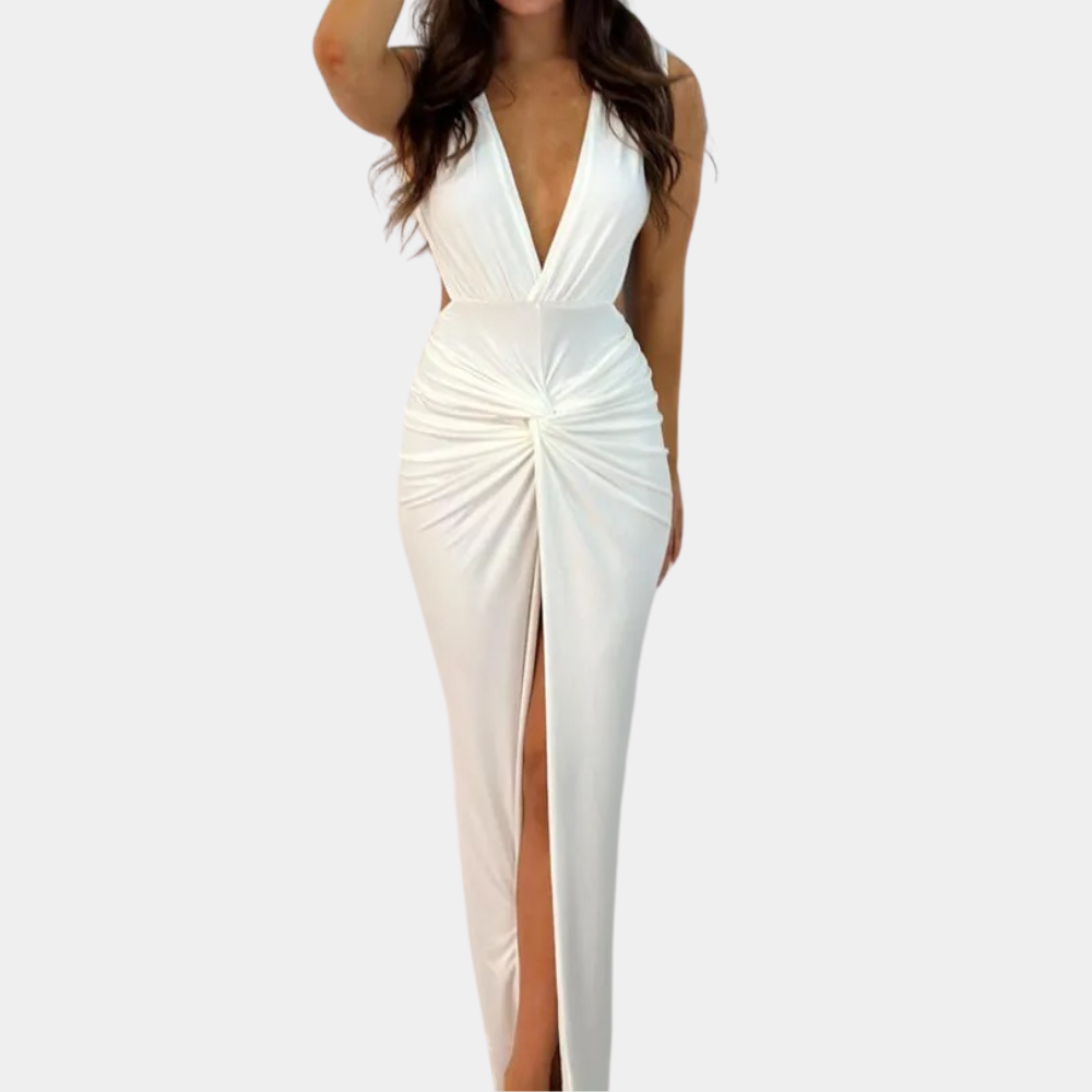 Abito Lungo Elegante | Scollo Profondo e Spacco | Look Sensuale e Raffinato