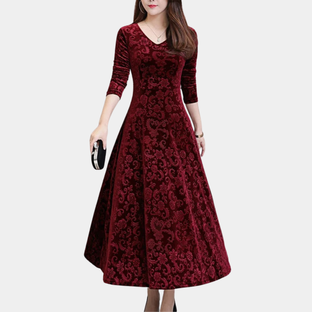 Abito Lungo in Velluto | Elegante & Raffinato | Scollo a V & Gonna Svasata