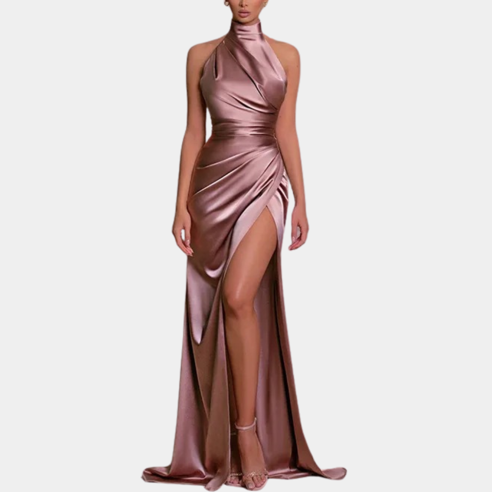 Abito Lungo in Raso | Elegante & Sensuale | Collo Alto & Spacco Profondo