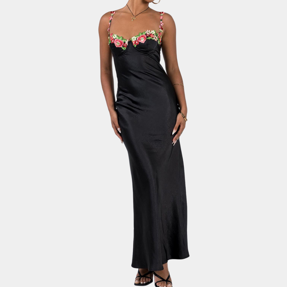 Abito Lungo in Raso | Dettagli Floreali | Elegante e Sensuale