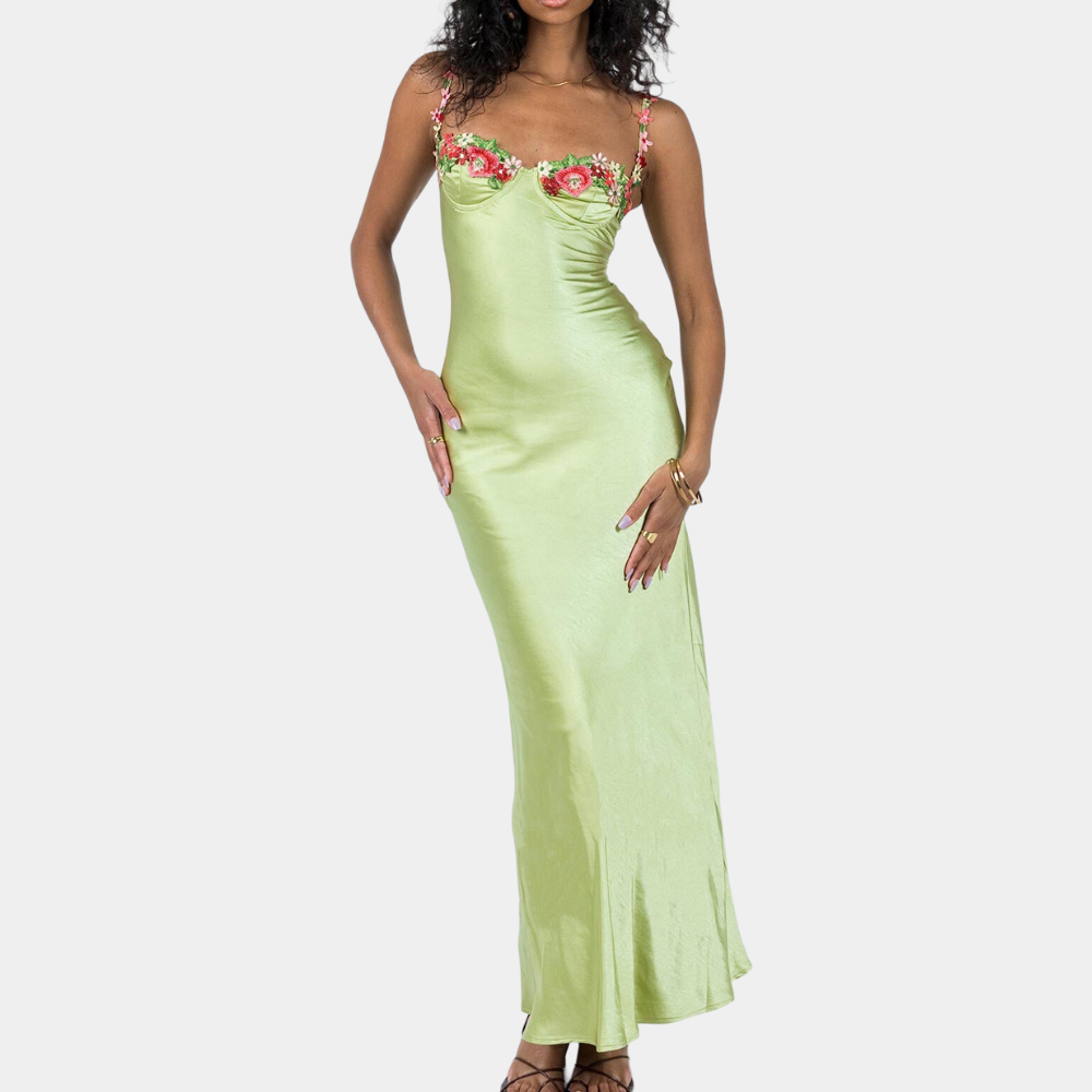 Abito Lungo in Raso | Dettagli Floreali | Elegante e Sensuale