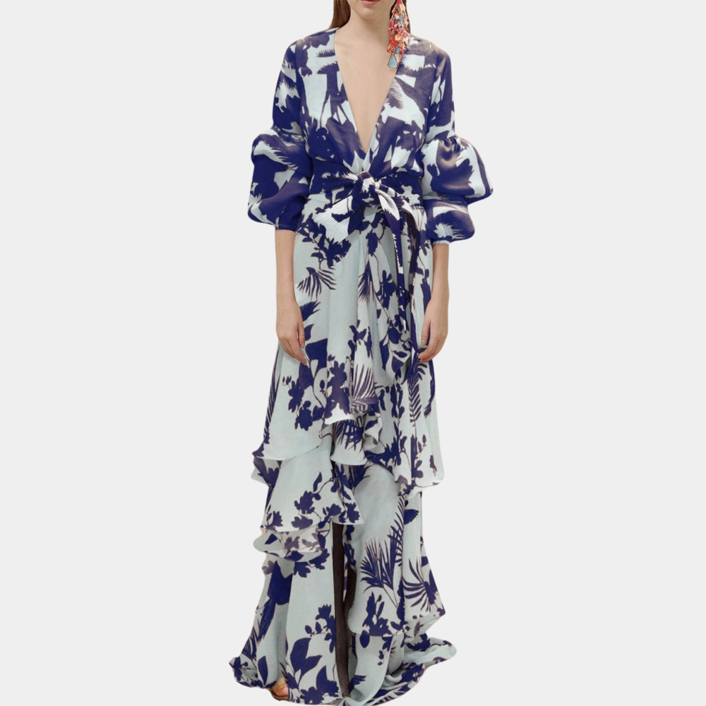 Abito Lungo Floreale | Maniche a Balza | Eleganza e Stile