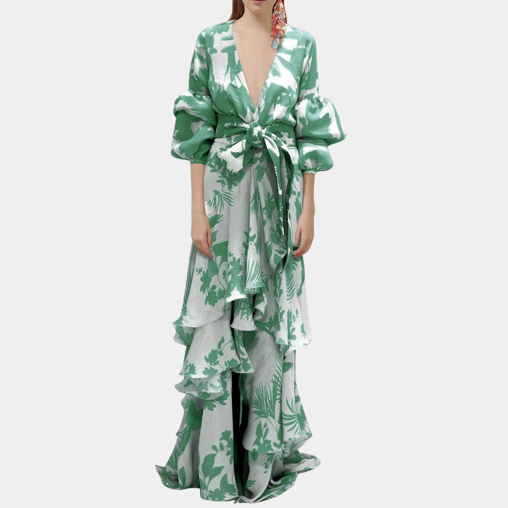Abito Lungo Floreale | Maniche a Balza | Eleganza e Stile