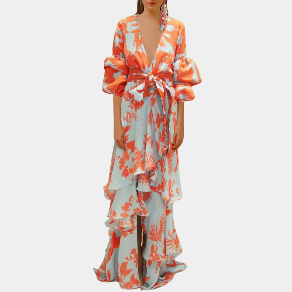 Abito Lungo Floreale | Maniche a Balza | Eleganza e Stile