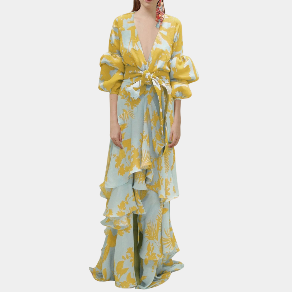 Abito Lungo Floreale | Maniche a Balza | Eleganza e Stile