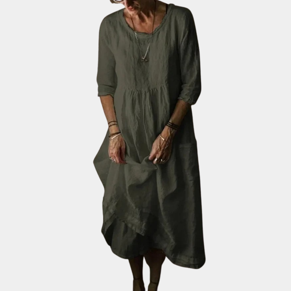 Abito Midi in Lino | Maniche 3/4 | Stile Rilassato e Chic