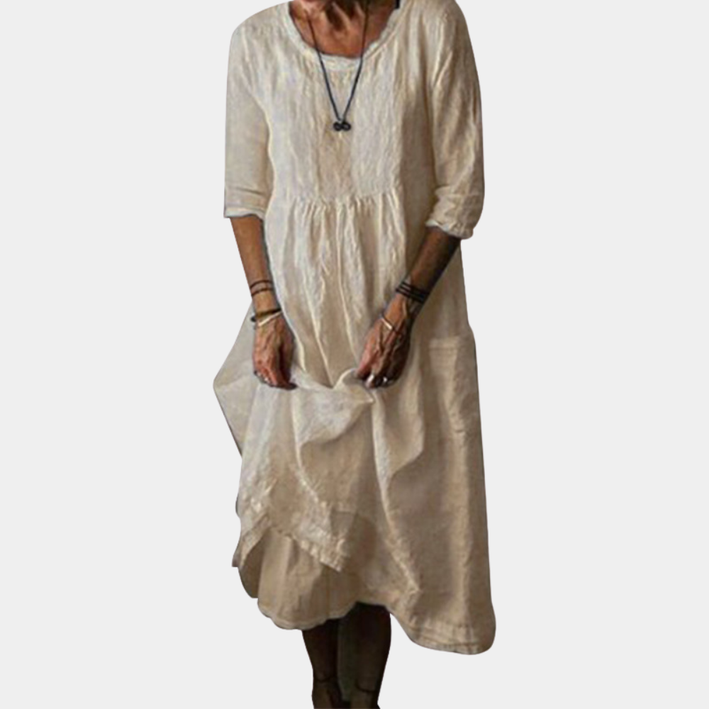 Abito Midi in Lino | Maniche 3/4 | Stile Rilassato e Chic