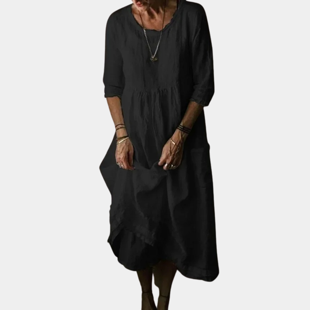 Abito Midi in Lino | Maniche 3/4 | Stile Rilassato e Chic