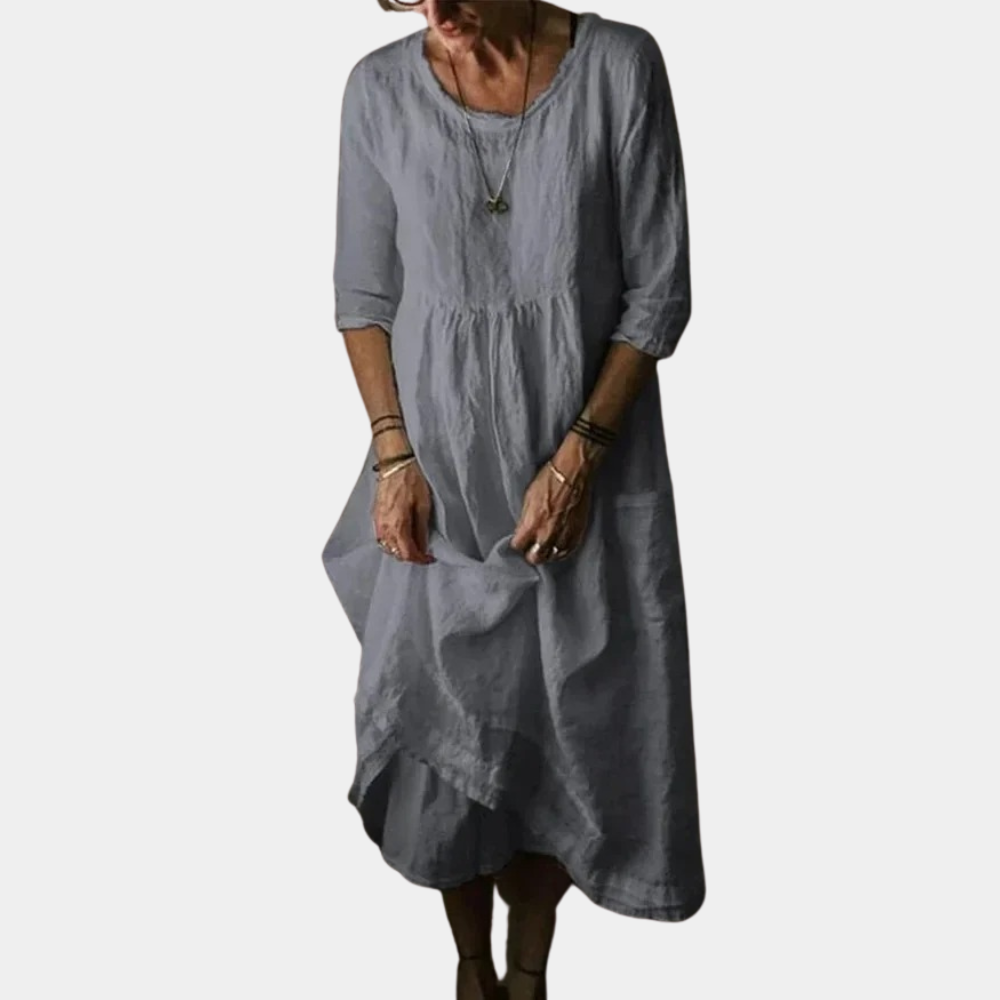 Abito Midi in Lino | Maniche 3/4 | Stile Rilassato e Chic
