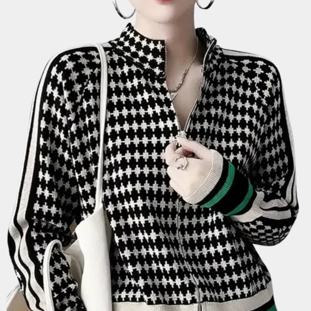 Maglione Pied de Poule con Zip | Stile Elegante e Moderno | Morbido e Versatile