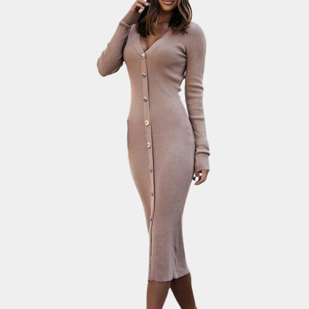 Abito Midi in Maglia | Bottoni Frontali | Elegante e Aderente