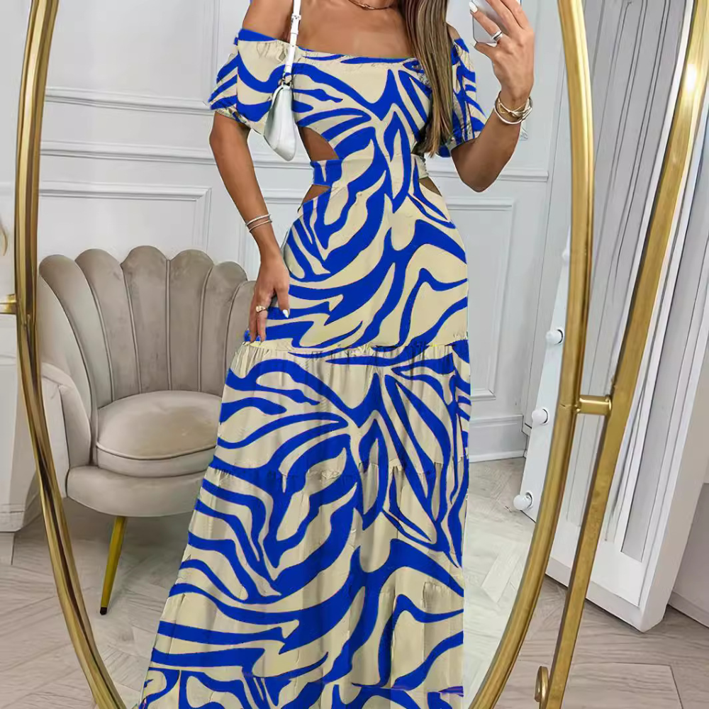 Abito Lungo Off-Shoulder | Stampa Astratta | Elegante e Fresco