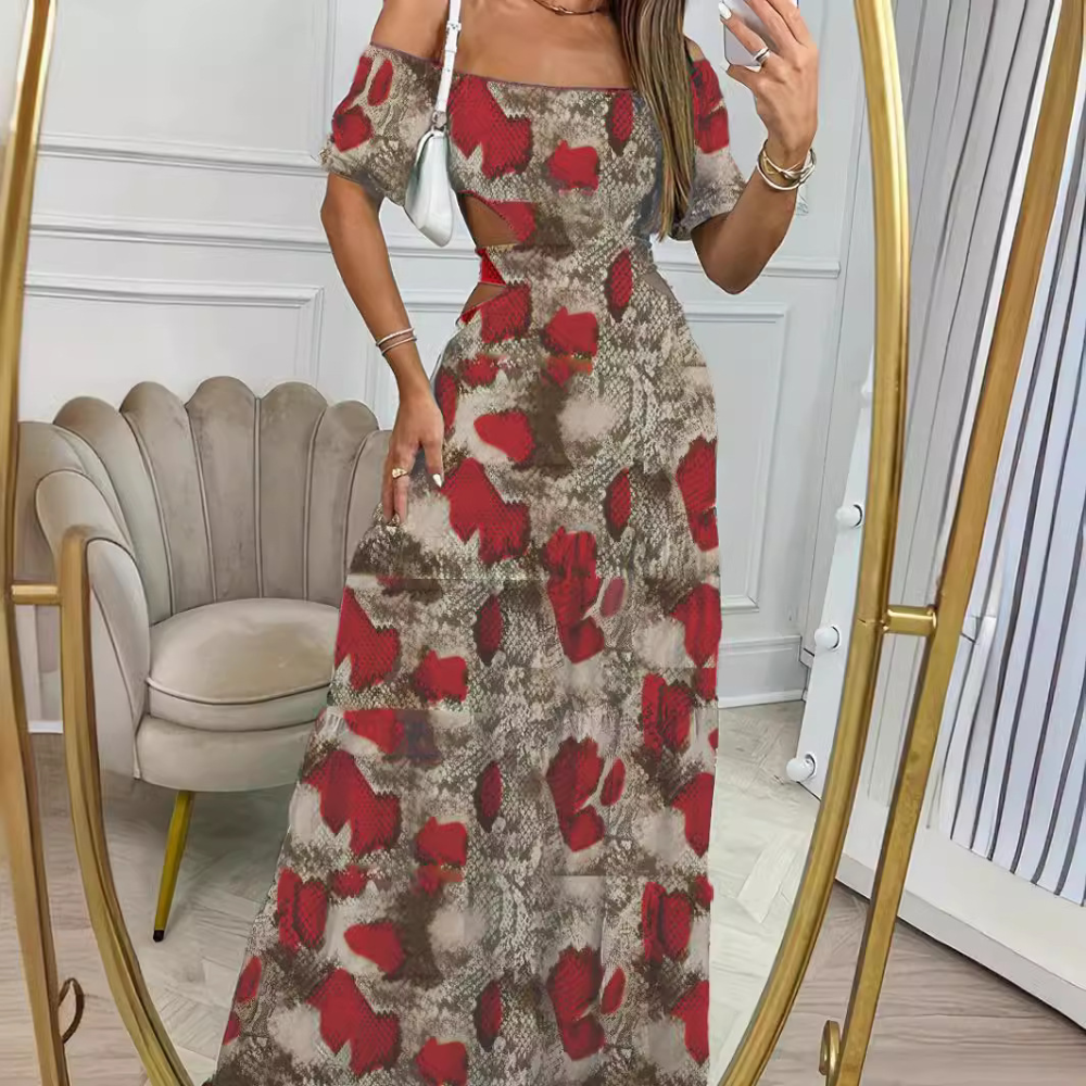 Abito Lungo Off-Shoulder | Stampa Astratta | Elegante e Fresco