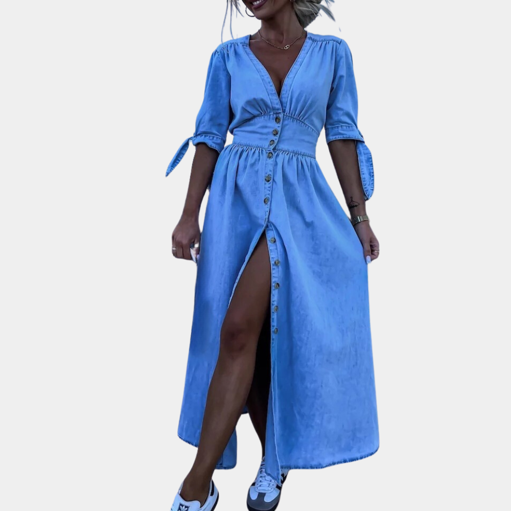 Abito Midi in Denim | Scollo a V | Stile Casual Chic