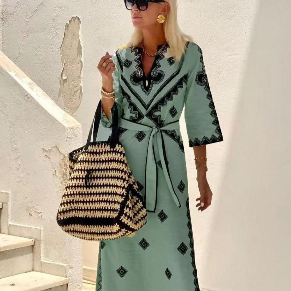 Abito Lungo Ricamato | Cotone e Lino | Stile Elegante e Fresco