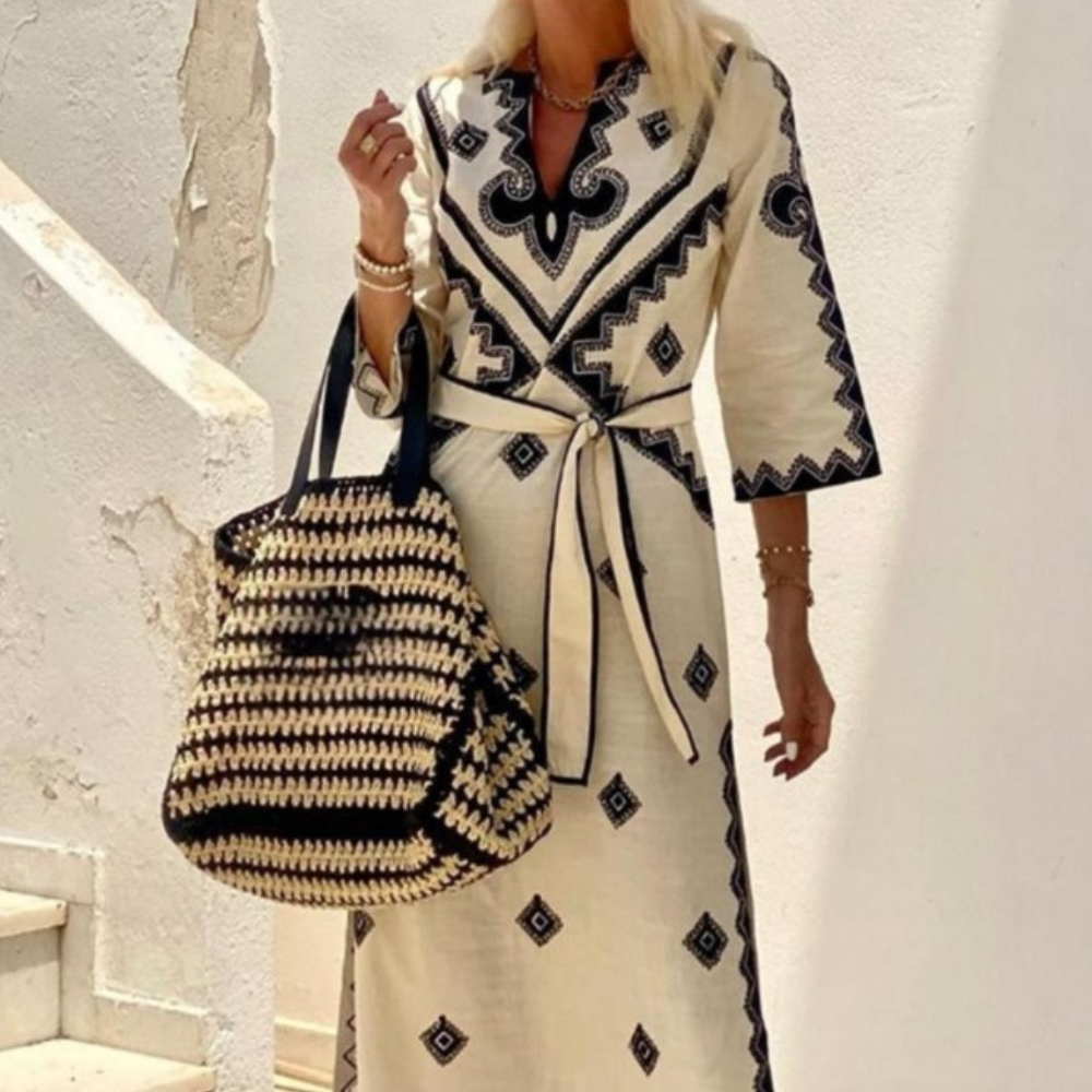 Abito Lungo Ricamato | Cotone e Lino | Stile Elegante e Fresco