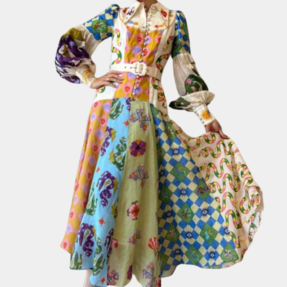 Abito Midi con Stampa Artistica | Maniche a Sbuffo | Elegante e Sofisticato