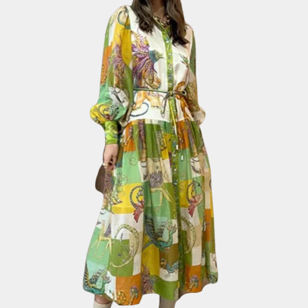 Abito Midi con Stampa Artistica | Maniche a Sbuffo | Elegante e Sofisticato